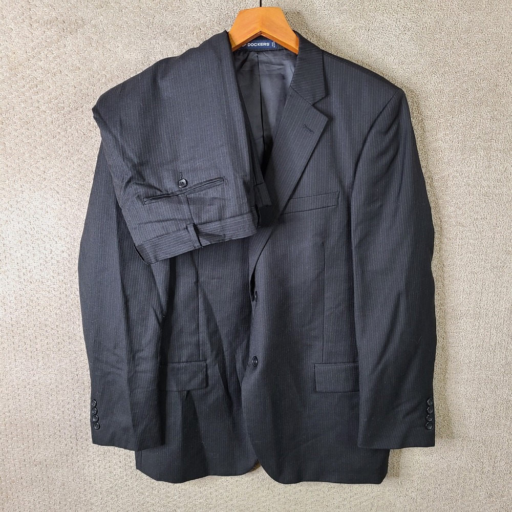 Dockers Suit Men 46R Black Striped 2 Piece Wool Blend Blazer Pants Pleated 36x32